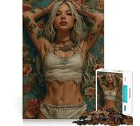Femme tatouée dans Un décor Floral Puzzle de 1000 pièces pour Adultes Jeu intellectuel et Relaxant Découpe de qualité Pièce d'art raffinée 50x75cm