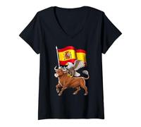 Femme Taureau Espagnol Drapeau de l'Espagne Fier héritage Espagnol T-Shirt avec Col en V