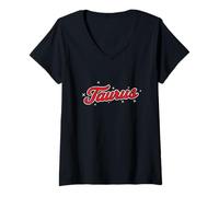 Femme Taureau Rétro Script Zodiaque Rouge T-Shirt avec Col en V