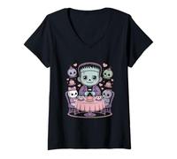 Femme Tea Party Pastel Monster Halloween T-Shirt avec Col en V