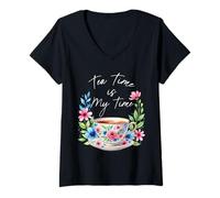Femme Tea Time is My Time Tasse à thé aquarelle florale relaxante T-Shirt avec Col en V