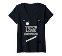 Femme Teach Love Inspire Teacher Citation Graphique Salle de Classe T-Shirt avec Col en V