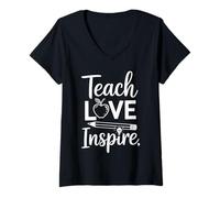 Femme Teach Love Inspire Teacher Typographie avec Crayon Apple T-Shirt avec Col en V