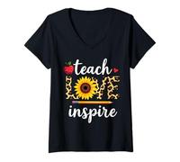 Femme Teach with-Love Inspire Enseignant Imprimé Léopard Tournesol T-Shirt avec Col en V