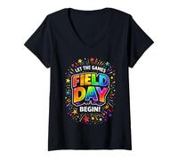 Femme Teacher Student Field Day Let The Games Begin Field Day T-Shirt avec Col en V