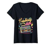 Femme Teaching Is My Jam Groovy Retro Teacher de retour à l'école T-Shirt avec Col en V