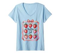 Femme Teaching is My Jam Strawberry Teacher Team Crew Fun T-Shirt avec Col en V