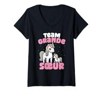 Femme Team Grande Sœur Licorne Mignonne Cadeau Fratrie Fille T-Shirt avec Col en V