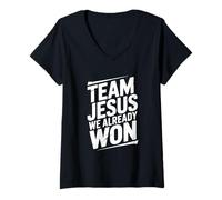Femme Team Jesus Nous Avons déjà remporté la Victoire de la Foi chrétienne T-Shirt avec Col en V