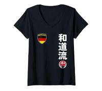 Femme Team Karate Wado RYU German Flag Kanji Japanese Martial Arts T-Shirt avec Col en V