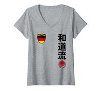 Femme Team Karate Wado RYU German Flag Kanji Japanese Martial Arts T-Shirt avec Col en V