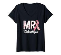 Femme Technologue IRM Ruban Rose de Sensibilisation au Cancer du Sein T-Shirt avec Col en V
