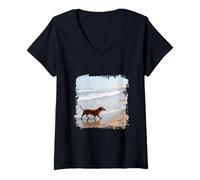 Femme Teckel Beach Walk Coastal Waves Sandy Shore Scène T-Shirt avec Col en V