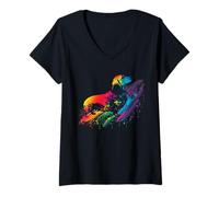 Femme Teckel coloré Pop Art Tie Dye Tricolore Aquarelle T-Shirt avec Col en V