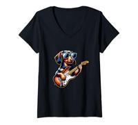 Femme Teckel Cool Jouant De La Guitare Électrique T-Shirt avec Col en V