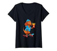 Femme Teckel drôle en skate avec frites à la patte T-Shirt avec Col en V