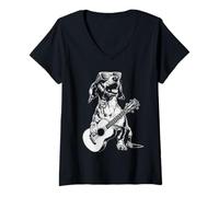Femme Teckel Mignon avec Lunettes de Soleil Guitariste Chien Guitariste T-Shirt avec Col en V