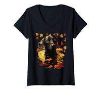 Femme Teckel Noir Confortable Feuilles d'automne forêt Automne esthétique T-Shirt avec Col en V