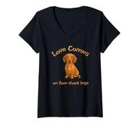 Femme Teckel T-Shirt Love Comes on Four Short Legs Cute Dog T-Shirt avec Col en V