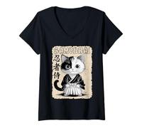 Femme Tee Shirt Chat Japonais Samourai Kawaii Ninja Samurai Chat T-Shirt avec Col en V