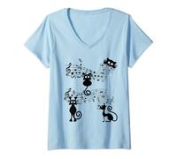 Femme Tee-shirt chat jouant d'une note de musique Noir T-Shirt avec Col en V