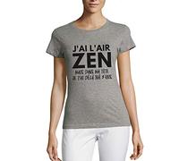 Femme Tee-Shirt Col Rond J'Ai L'air Zen mais dans Ma Tête T-Shirt Graphique Éco-Responsable Vintage Cadeau Nouveauté Gris Chiné M