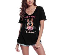 Femme Tee-Shirt Col V Berger Allemand : La Vie Est Plus Belle Avec Un Chien Adorable - German Shepherd Life Is Better With A Lovely Dog - T-Shirt Graphique Éco-Responsable Vintage Cadeau Nouveauté