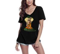 Femme Tee-Shirt Col V Bouddha Serpent Cobra - Méditation Spirituelle - Cobra Snake Buddha - Spiritual Meditation - T-Shirt Graphique Éco-Responsable Vintage Cadeau Nouveauté