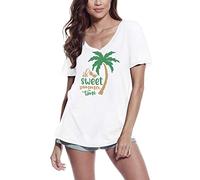 Femme Tee-Shirt Col V Douceur De L'Été - Palmier - Sweet Summer Time - Palm Tree - T-Shirt Graphique Éco-Responsable Vintage Cadeau Nouveauté Blanc L