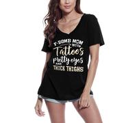 Femme Tee-Shirt Col V - F-Bomb Mom With Tattoos Pretty Eyes And Thick Thighs - Mother - T-Shirt Graphique Éco-Responsable Vintage Cadeau Nouveauté