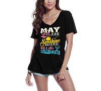Femme Tee-Shirt Col V - May Girls Are Sunshine Mixed With A Little Hurricane - Birthday Gif For Ladies - T-Shirt Graphique Éco-Responsable Vintage Cadeau Nouveauté