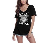 Femme Tee-Shirt Col V Mon Chat Écoute Du Métal - My Cat Listens To Metal - T-Shirt Graphique Éco-Responsable Vintage Cadeau Nouveauté