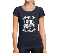Femme Tee-Shirt Fabriqué en 1980 - Made in 1980 - 44 Ans T-Shirt Graphique Idée Cadeau 44e Anniversaire Vintage Année 1980 Nouveauté French Marine M