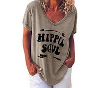 Femme Tee Shirt Hippie Soul Lettre T-Shirt Imprimé Grande Taille Décontracté Manches Courtes Col V Couleur Unie Chemisier Basique