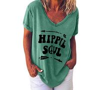 Femme Tee Shirt Hippie Soul Lettre T-Shirt Imprimé Grande Taille Décontracté Manches Courtes Col V Couleur Unie Chemisier Basique