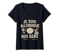 Femme Tee-Shirt Humour Je suis Allergique Aux Gens Masque Drôle T-Shirt avec Col en V