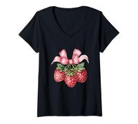 Femme Tee-Shirt Kawaii Sweetness avec nœud Coquette et Fraises T-Shirt avec Col en V