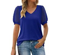 Femme Tee Shirt Sexy Col en V Dentelle Patchwork T-Shirt Noir Manches Courtes Chemisier Femme Chic et élégant Blouse de Travail Hauts Polyvalente Mode Loisirs Quotidiennes Tops Couleur Unie