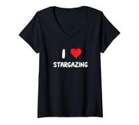 Femme Télescope Spatial avec Inscription « I Love Stargazing » T-Shirt avec Col en V