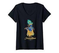 Femme Tendre Seigneur Krishna Janmashtami Dévotionnelle Hindoue T-Shirt avec Col en V