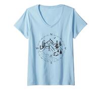 Femme Tentes rivière, Montagnes, Boussole, Points Cardinaux, feu de Camp T-Shirt avec Col en V