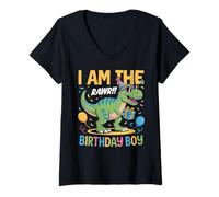 Femme Tenue de fête d'anniversaire I Am The Birthday T-Rex Dinosaur Squad Auntie T-Shirt avec Col en V