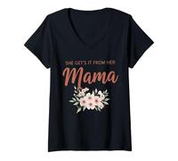 Femme Tenue Florale Assortie « She Gets It from Her Mama » T-Shirt avec Col en V