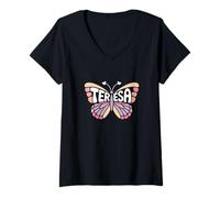 Femme Teresa Butterfly - Word Art personnalisé avec nom Mignon T-Shirt avec Col en V