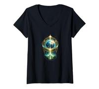 Femme Terre futuriste avec géométrie sacrée et énergie céleste T-Shirt avec Col en V