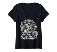 Femme Terre-Neuve Boire du café glacé sur Une Moto rétro DIGOR T-Shirt avec Col en V