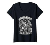 Femme Terre-Neuve Boire du café glacé sur Une Moto rétro DIGOR T-Shirt avec Col en V