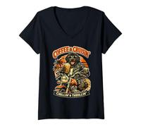 Femme Terre-Neuve Buvant du café glacé sur Une Moto DIGOR T-Shirt avec Col en V