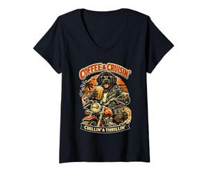 Femme Terre-Neuve Buvant du café glacé sur Une Moto DIGOR T-Shirt avec Col en V