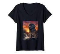 Femme Terre-Neuve Chien Lover Vintage Coucher De Soleil Forêt Nature Art T-Shirt avec Col en V